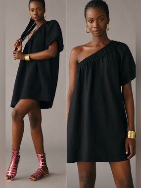Anthropologie One-Shoulder Waistless Mini boho linen Dress